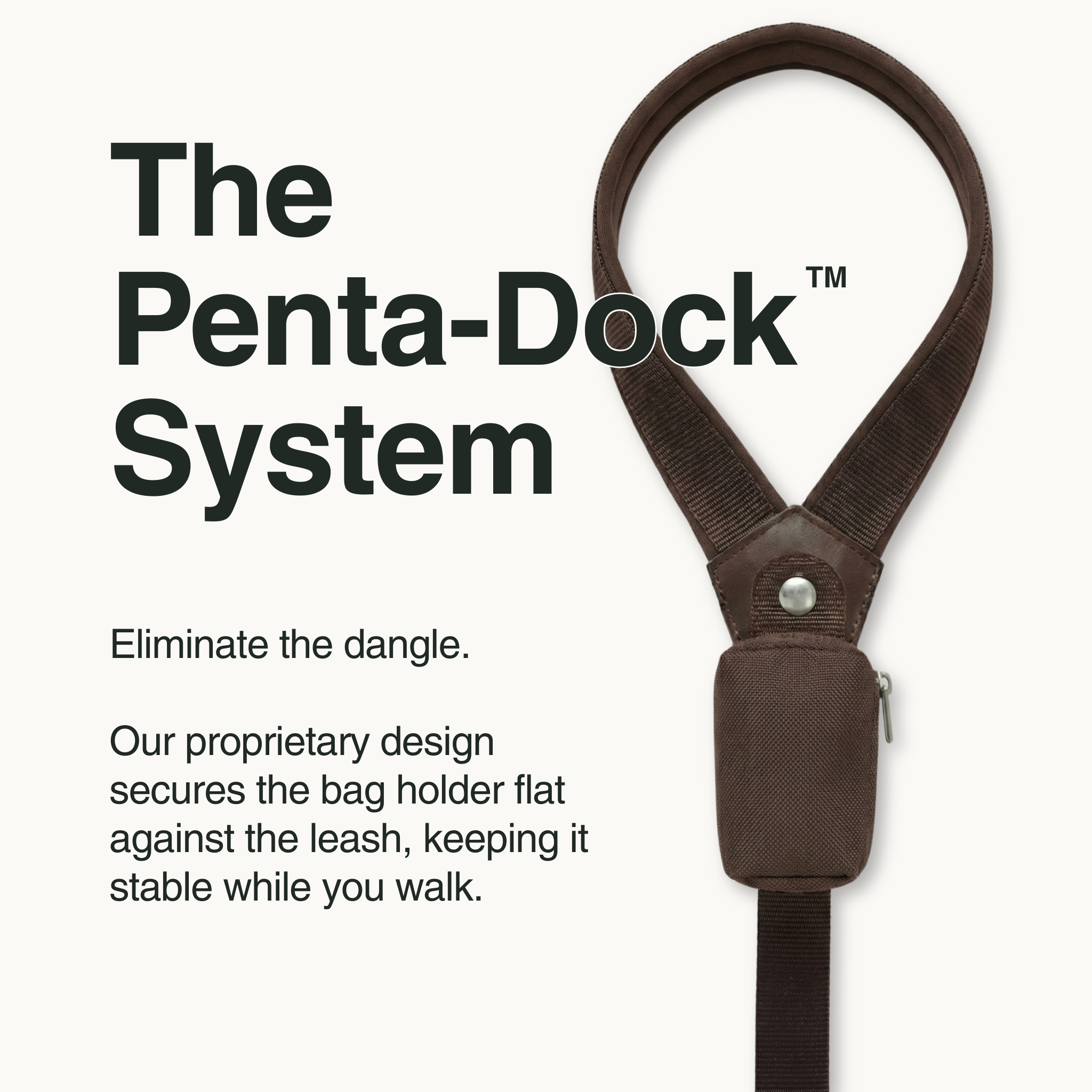 Brown dog leash with an integrated bag holder snapped on and a padded handle